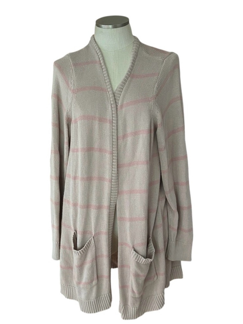 TORRID Soft Knit Open Front Cardigan Gray Blush Pink Striped Duster Sweater
